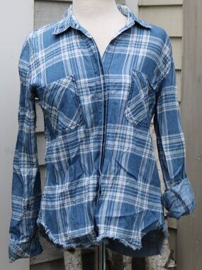 Harper Blue White Plaid Raw Edge Roll Tab Sleeve Boyfriend Shirt Sz LARGE